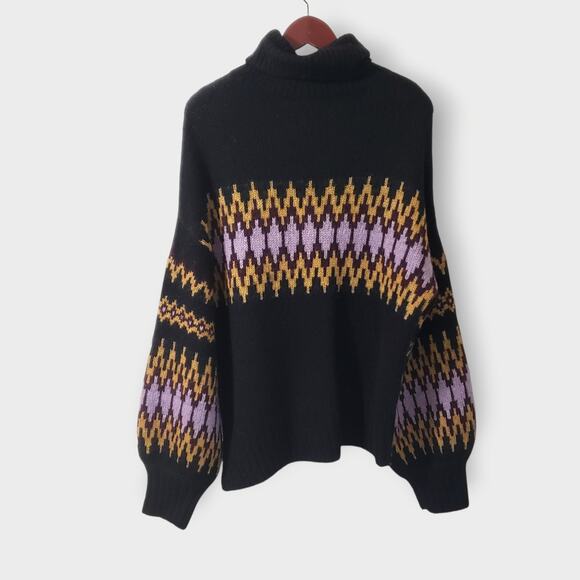 A.L.C. Tracey Fair Isle Sweater Oversized Alpaca Turtleneck Blk Bordeaux Sz Med - Picture 6 of 13